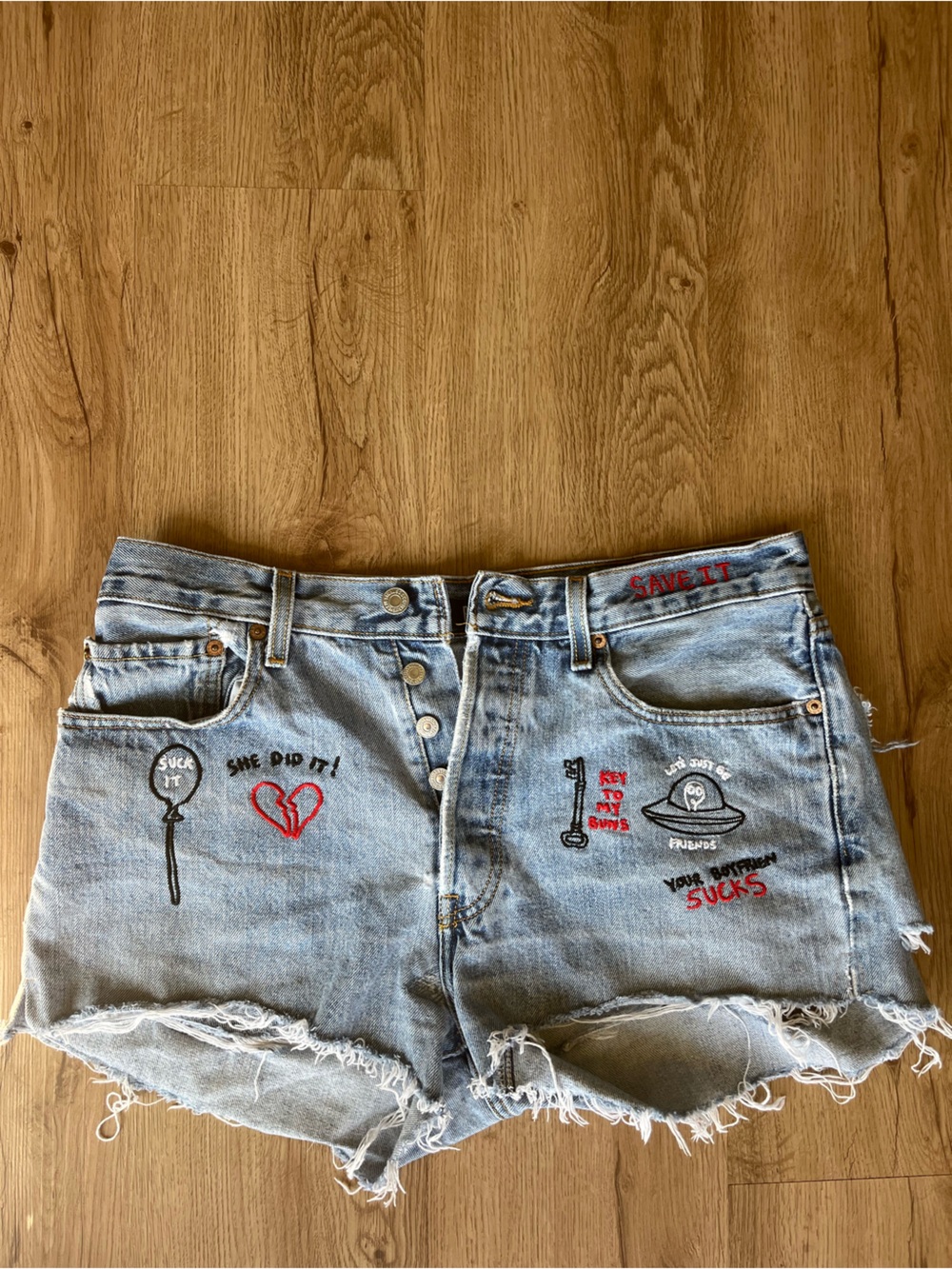 Reformation Vintage Levi’s 501 Embroidered Distressed Denim Shorts 28